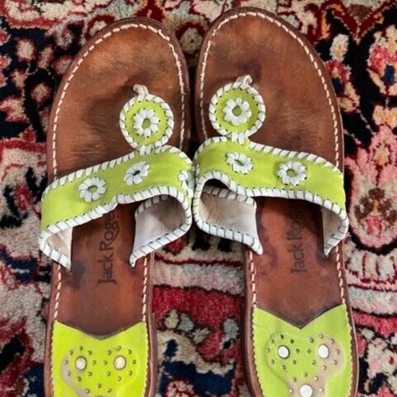 Jack Rogers Hamptons Flats Thong Sandals Green Leather Size 11M - Picture 2 of 4